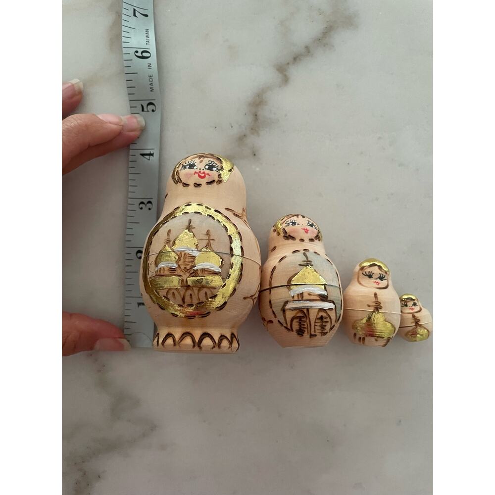Four Vintage Russian Wood Nesting Dolls 4" brown gold. - Picture 6 of 8